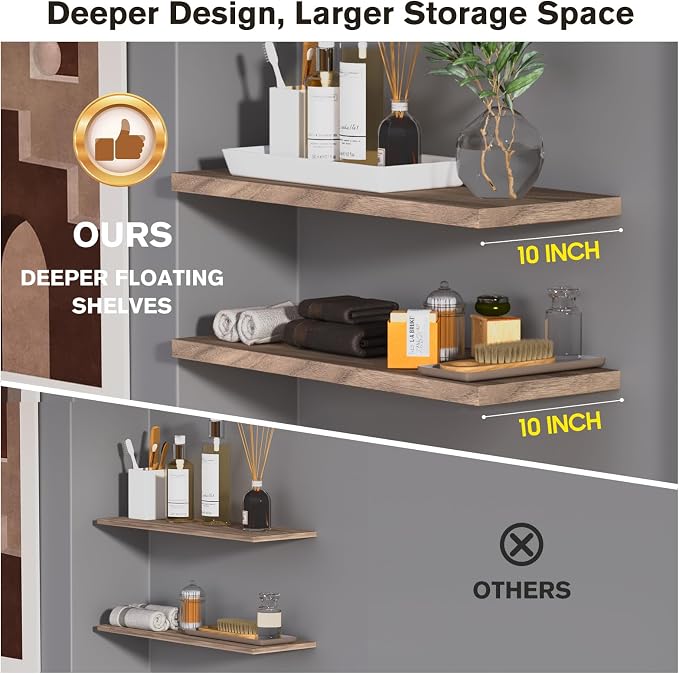 Wall Shelf Set of 3, Walnut Floating Shelves 30 in W x 10 in D x 1 in H - Image 4