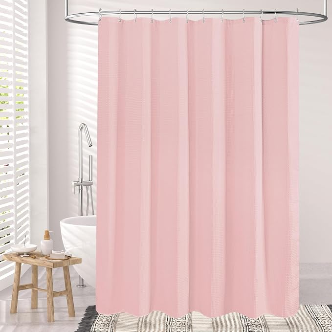 AmazerBath Waffle Shower Curtain, Blush Pink Shower Curtain Fabric 78 Inches - Image 2