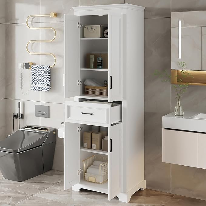 71" Tall Storage Cabinet with Doors and Drawers, Modern Wood Freestanding Tall - Image 4