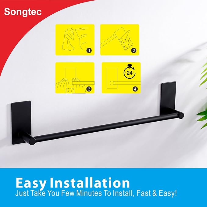 Songtec Adhesive Towel Bar Black 16-Inch, Stick On Bath Towel Rack No Drill - Image 6
