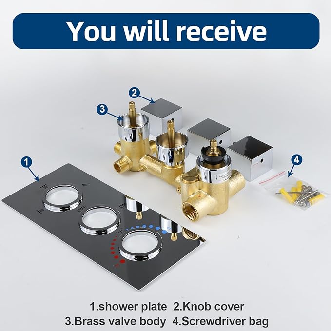 HOMEDEC Brass 3 Way Shower Diverter Valve, Thermostatic 3 Handle Control Shower - Image 6