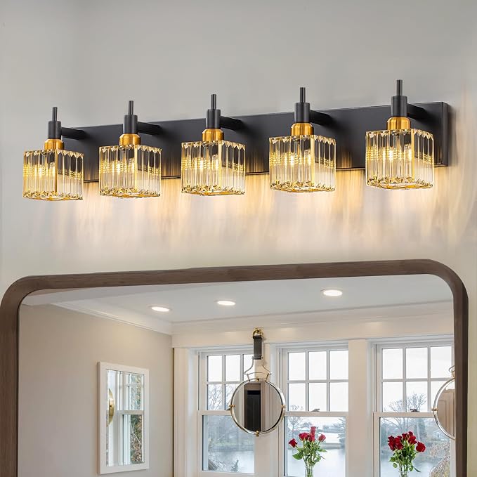 Modern Crystal Bathroom Vanity Light Black Gold 5-Lights Bathroom Lighting by HUOKU