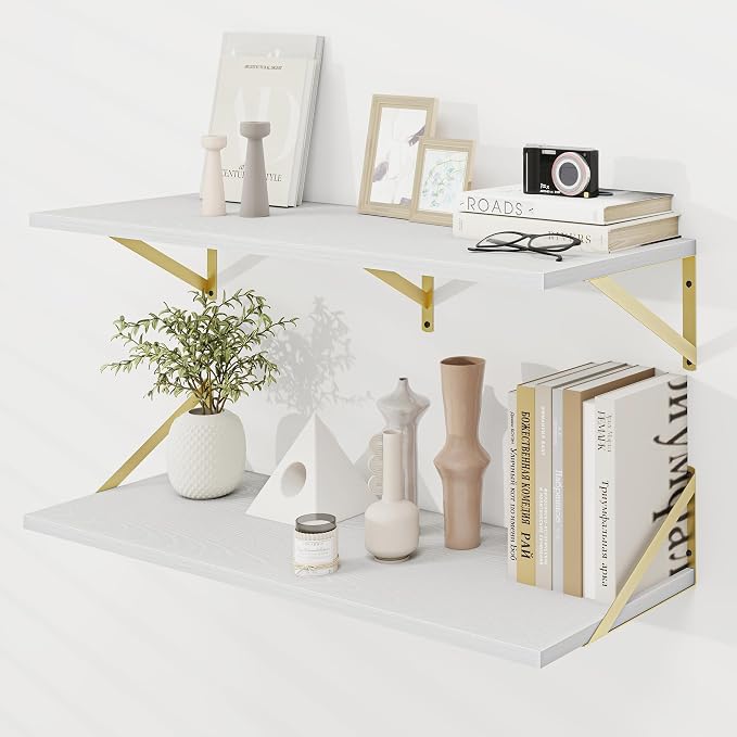 Dreamland White and Gold Shelves, 36 inch Shelf, Large Floating Shelf 12 inch by Dreamland