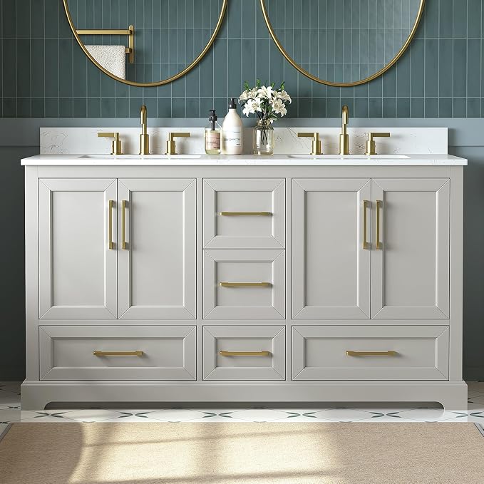 60 Inch Bathroom Vanity with Double Sink Combo, Solid Wood Frame with Mable Top by DELUXELIVING