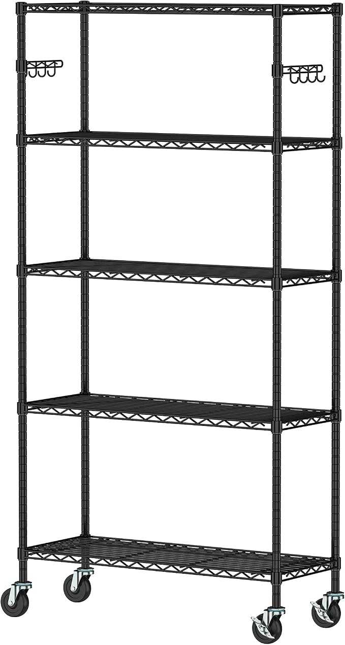 5 Tier Storage Shelves with Wheels Wire Rolling Garage Shelving Rack Organizer - Image 9
