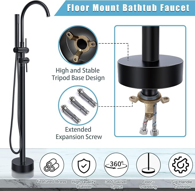Floor Mount Bathtub Faucet，Matte Black，Freestanding Tub Faucet ，High Flow Dual - Image 5