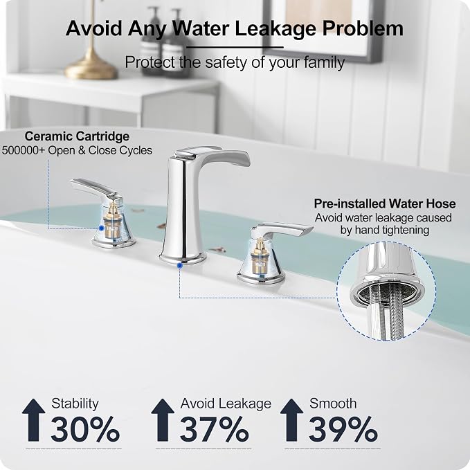 Widespread Waterfall Bathtub Faucet Set, Brass Chrome Roman Tub Faucet 3 Hole 8 - Image 4
