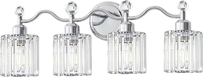 Chrome Bathroom Vanity Light, Modern Crystal Bathroom Ligth Fixture, 4 Light by iYoee