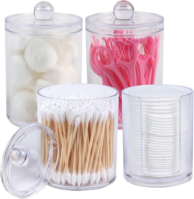 4 Pack Acrylic Qtip Holder Dispenser, Bathroom Canisters Apothecary Jar Set by Aynoo