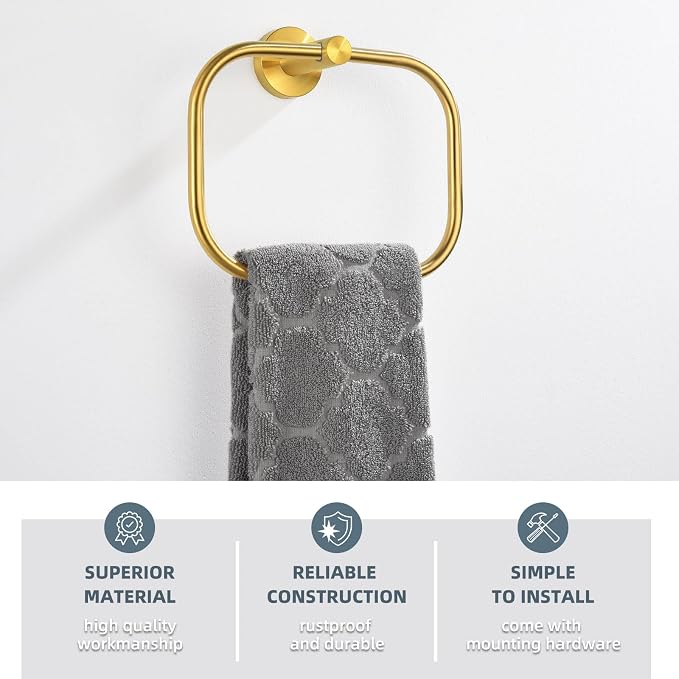 Angle Simple Square Towel Ring Brassy Gold, SUS 304 Stainless Steel Swivel Hand - Image 3