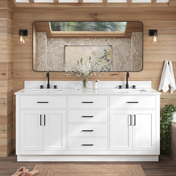 ARIEL Double Bathroom Vanity 73" White, Italian Carrara Marble Countertop & by Ariel