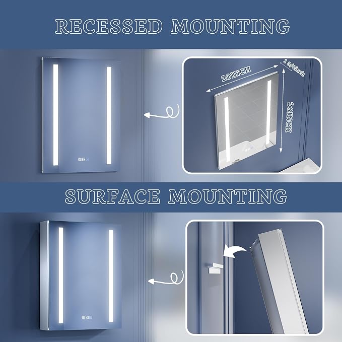 ExBrite Lighted Bathroom Medicine Cabinet, 20 x 26 Inch, Recessed or Surface - Image 7
