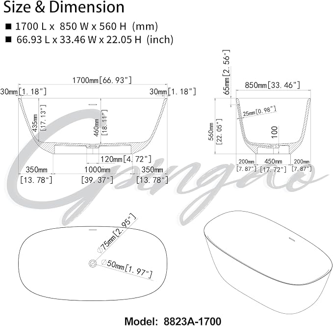 Cpingao 66.9"Lx33.5"Wx22"T Stone Resin Solid Surface Freestanding Bathtub - Image 5