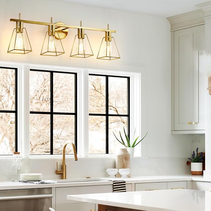 Industrial Bathroom Vanity Lights: 4-Lights Gold Brushed Brass Vintage Metal - Image 6