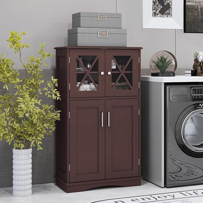 Tangkula Freestanding Floor Cabinet w/2 Glass Doors, 3-Level Adjustable Shelves - Image 4