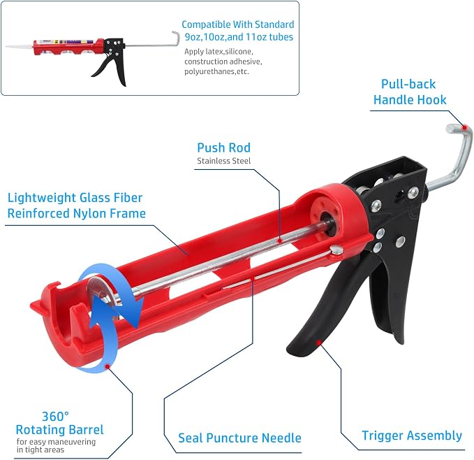 Drip-free Caulking Gun Ratchet Rod Caulk Gun Applicator 15:1 Thrust Ratio - Image 3