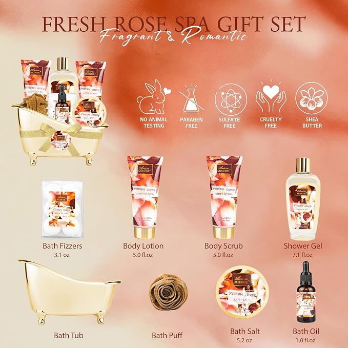 Fresh Rose Spa Gift Set for Women, 8-Piece Relaxing Bath Set - Image 2