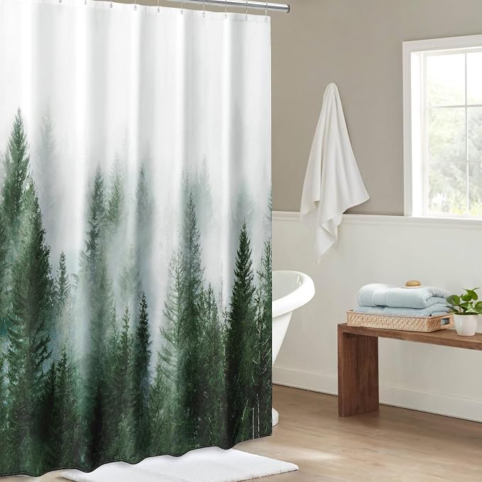 ORTIGIA Green Shower Curtain for Bathroom Misty Forest Pattern, Nature Woodland - Image 7