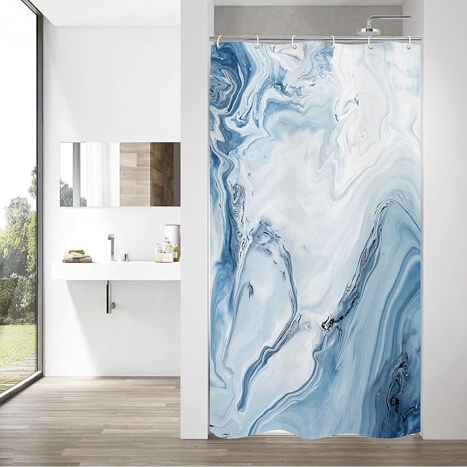 MitoVilla Blue Marble Small Stall Shower Curtain 36 x 72, Abstract Ombre Half by MitoVilla