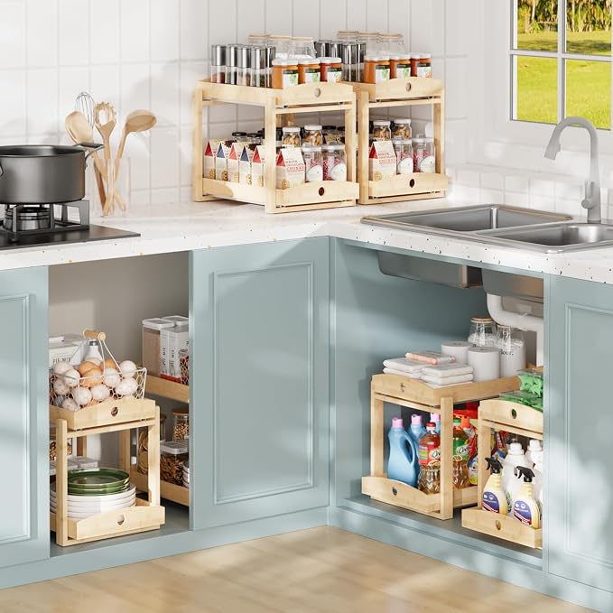 Bamboo Wood Under Sink Organizer 1 Pack, Pull Out Cabinet Organizer 2 Tier - Image 5