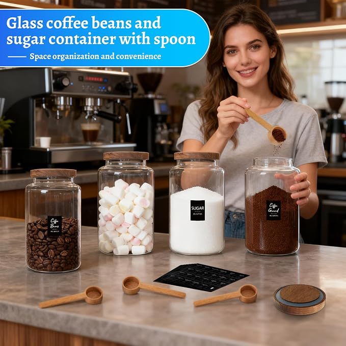 Glass Storage Jar with Lids Spoon Labels Round Glass Coffee Canister - Image 4
