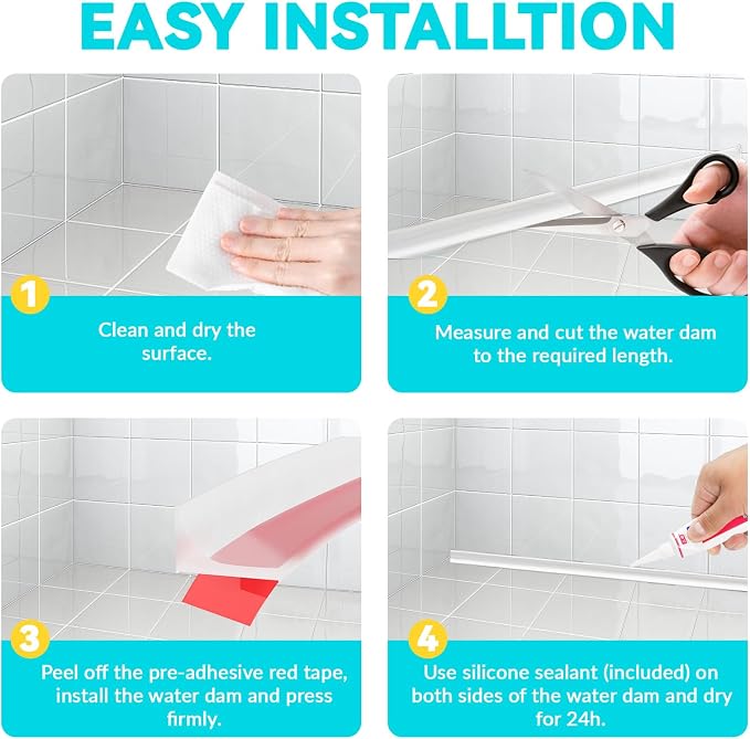 Shower Threshold Water Dam Barrier 98", Silicone Sealant Included, Collapsible - Image 7