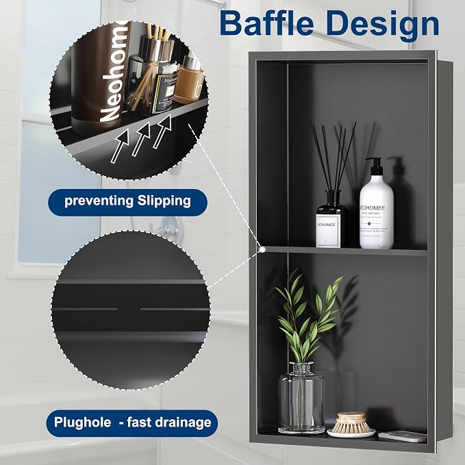 Neodrain 12X24 Inch Shower Niche, Gun Metal 2-Tier Stainless Wall Niche NO Tile - Image 5