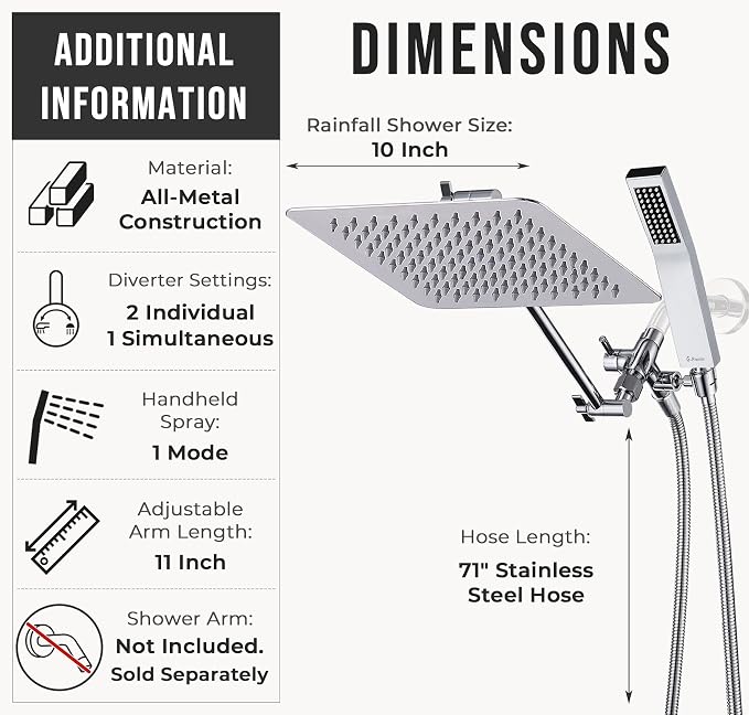 G-Promise All Metal 10" Dual Square Shower Head Combo | Rain Shower Head | - Image 6