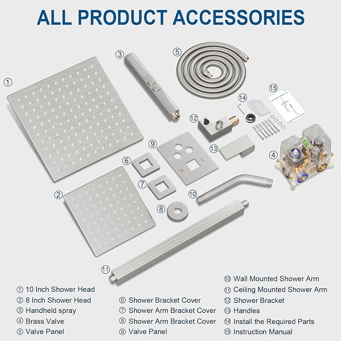 Shower Faucet Set Brushed Nickel Shower System, Ceiling Mount 10 Inch Shower - Image 8