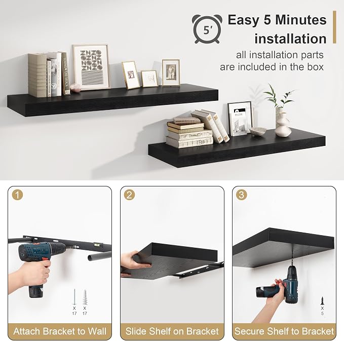 Heimlove Black Bathroom 12'' Deep Floating Shelves - Image 8