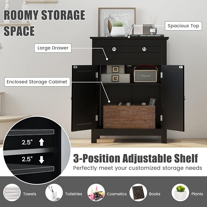 COSTWAY Bathroom Floor Cabinet, Wooden Side Storage Organizer w/Larger Drawer - Image 5