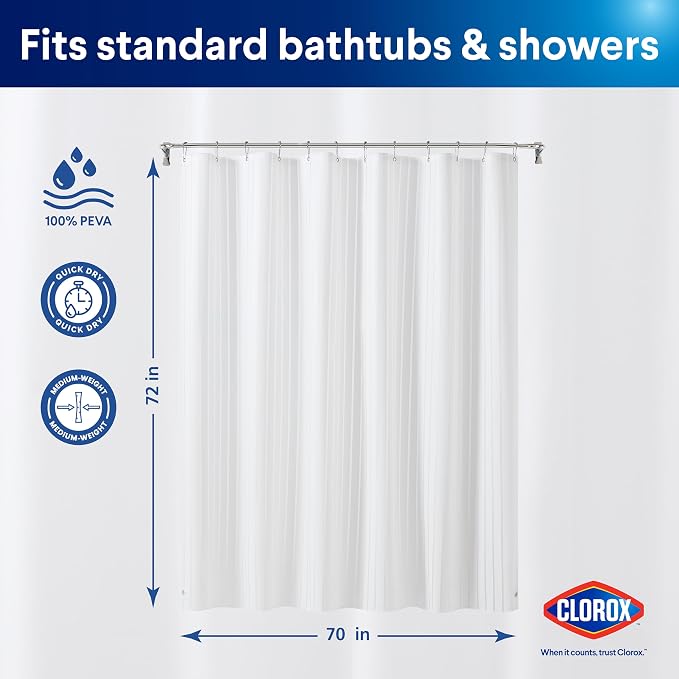 CLOROX Shower Curtain Liner, Premium Striped Medium-Weight Durable Waterproof - Image 2