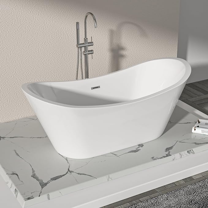 Logmey 67" Freestanding Bathtub White Acrylic Oval Shape Soaking Tub by Logmey