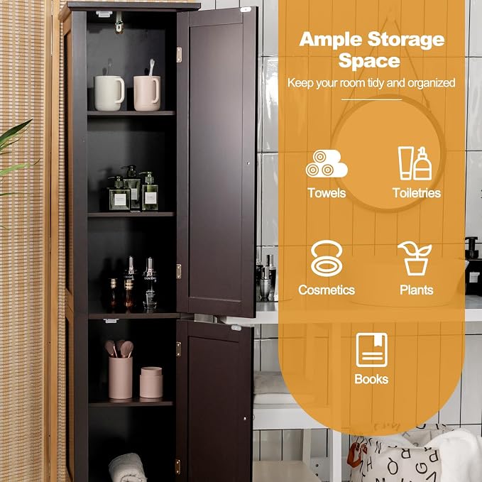 COSTWAY Tall Bathroom Storage Cabinet, 5-Tier Freestanding Linen Tower Cabinet - Image 5