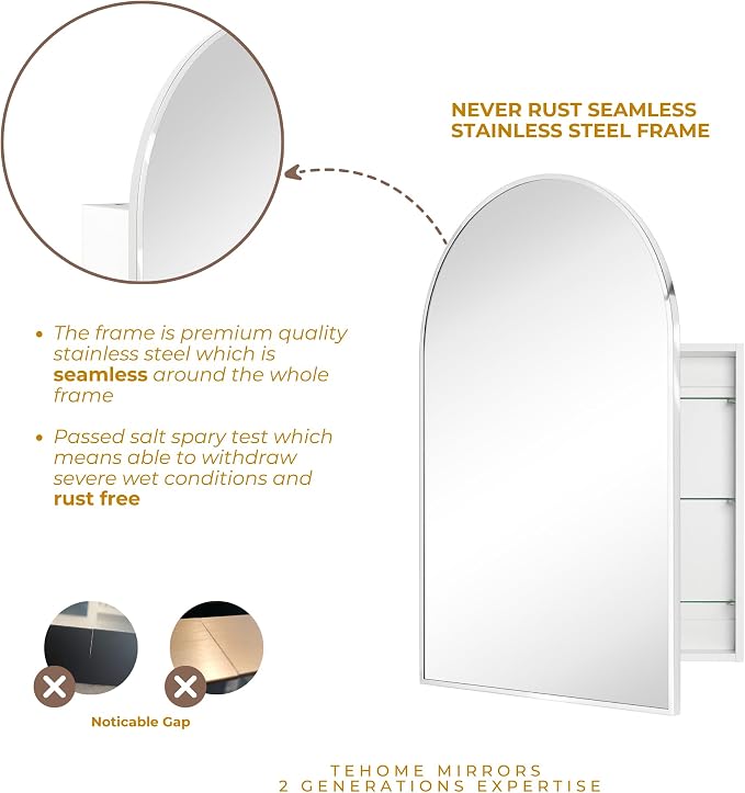 TEHOME 24 x 36'' Polished Nickel Arch Bathroom Medicine Cabinet - Image 7