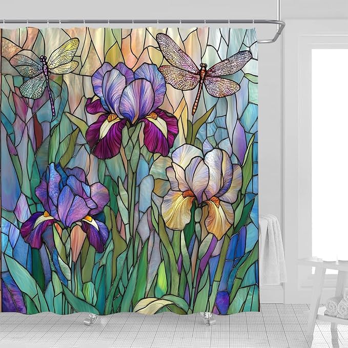 Stained Glass Shower Curtain Artistic Iris Dragonfly Purple Floral Green Leaves by UOZXOML