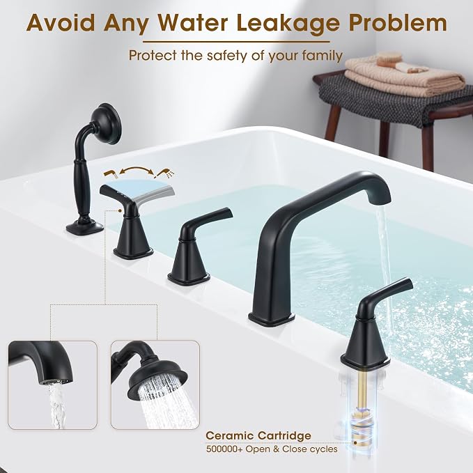 Roman Tub Faucet with Sprayer, Garden Tub Faucet with Valve, Brass 5 Hole 3 - Image 5