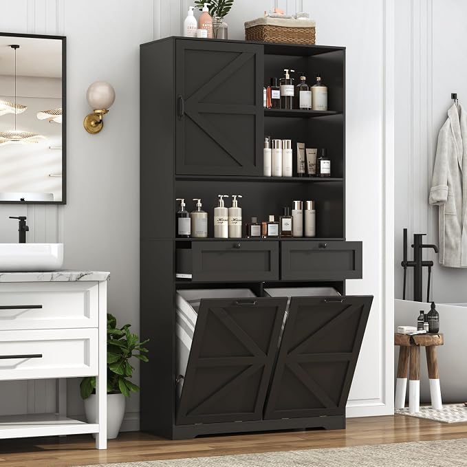 78" Tall Tilt-Out Double Doors Laundry Cabinet Hamper w Hidden Laundry Hamper - Image 4