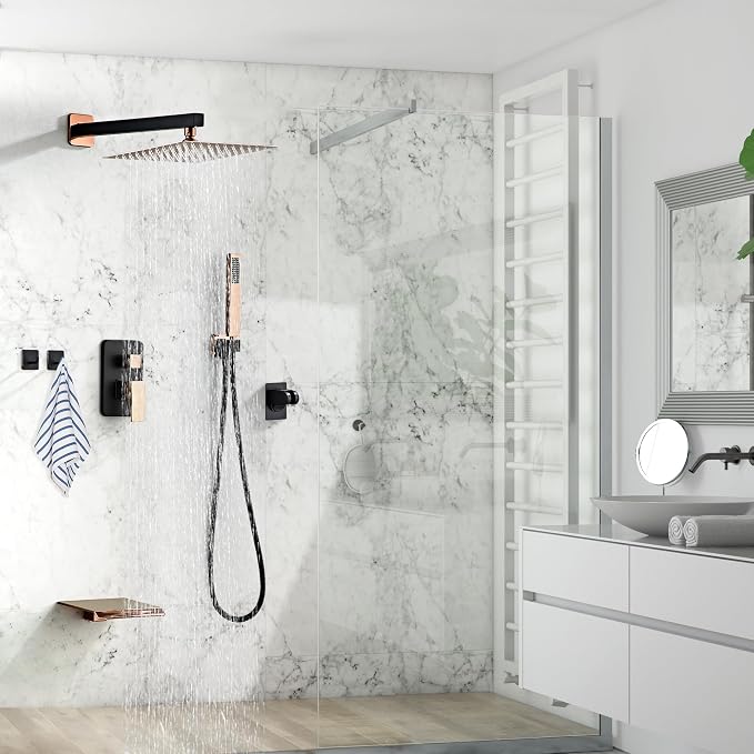 Shower Faucet Set with Tub Spout, Matte Black and Rose Gold Rainfall Shower - Image 2