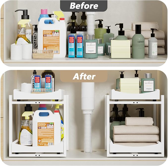 Bamboo Under Sink Organizer Adjustable Height 2 Tier Bathroom Organizer Pull - Image 4