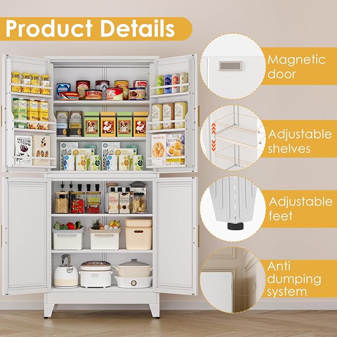 75" Tall Metal Kitchen Pantry Storage Cabinet, Freestanding Cupboard Storage - Image 4