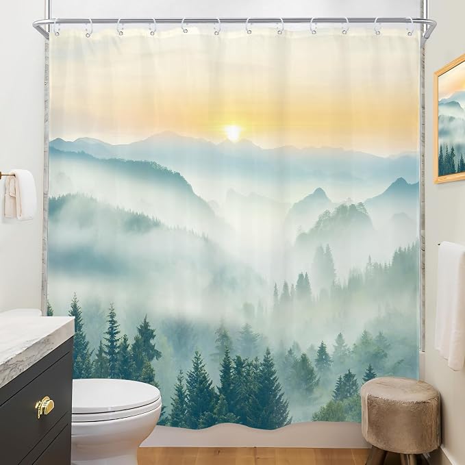 Riyidecor Mountain Shower Curtain 72Wx72H Inch Green Sunrise Sunset Scenery - Image 4