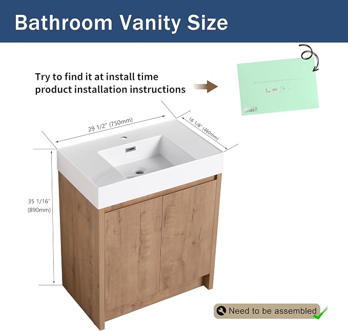 Bathroom Vanity with Sink, 30 in Freestanding Bathroom Single Sink Cabinet - Image 2