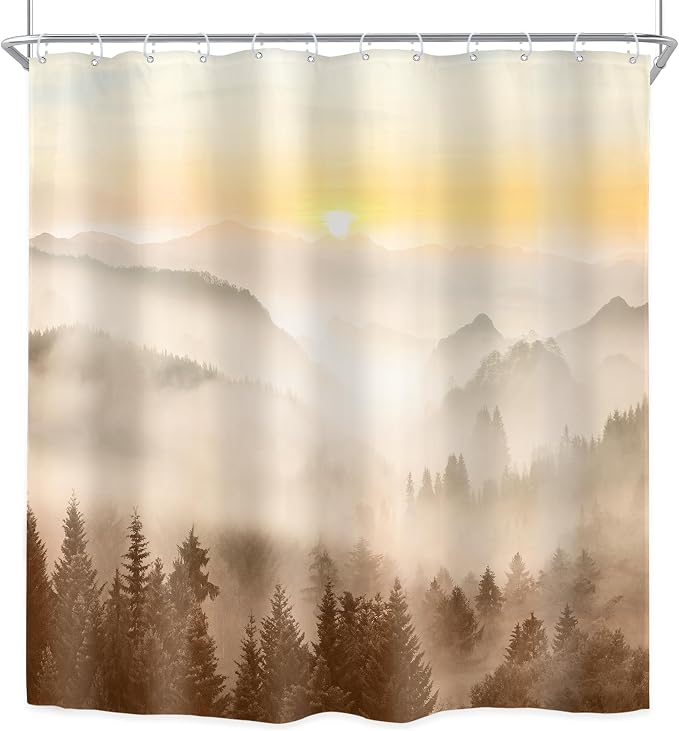 Riyidecor Misty Mountain Shower Curtain 72Wx72H Inch Brown Sunrise Nature - Image 7