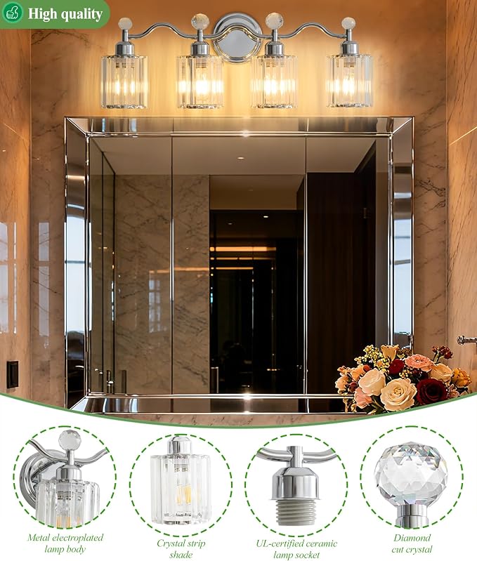 Chrome Bathroom Vanity Light, Modern Crystal Bathroom Ligth Fixture, 4 Light - Image 6