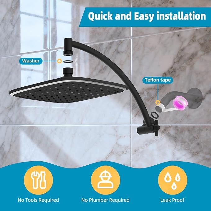 Rain Shower Head with 12" Shower Head Extension Arm, Metal Shower Arm Extender - Image 5