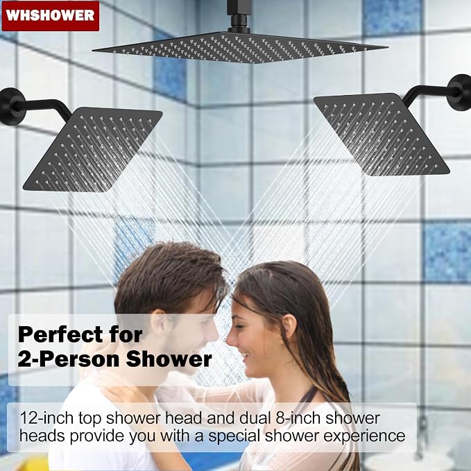 Rainfall Shower System with 12+8+8" Three Top Shower Heads, Body Jets and - Image 2