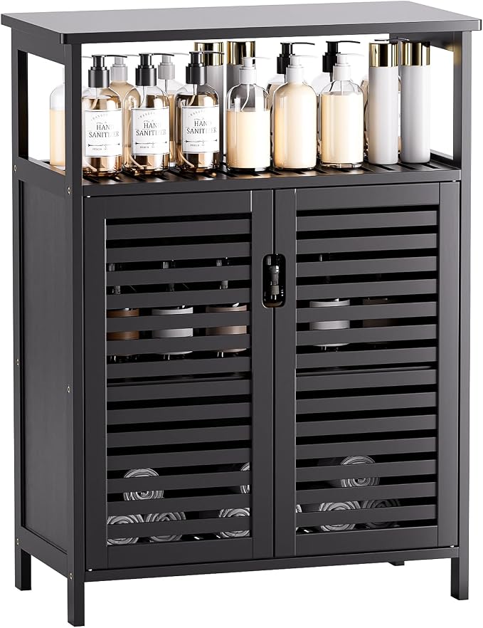 HITNET Black Bathroom Storage Cabinet, Freestanding Bamboo Floor Cabinet 4 Tier by HITNET