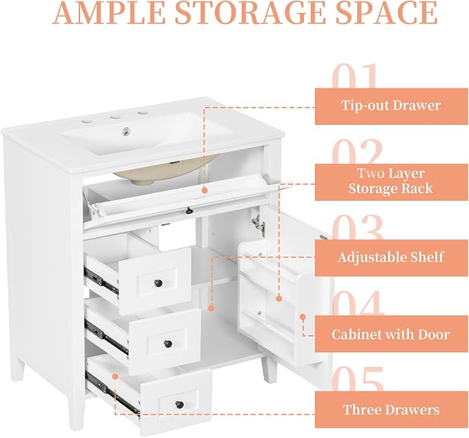 30" Bathroom Vanity with Sink Combo, Tip-Out Drawer, Solid Wood & MDF Modern - Image 5