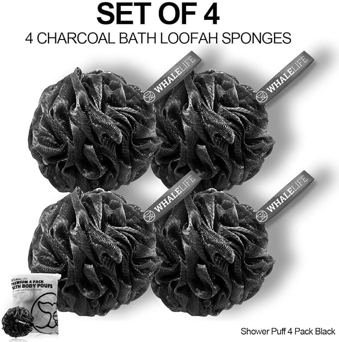 Shower Puff 4 Pack Black Bath Sponge Shower Loofahs Pouf Ball Nature Bamboo - Image 2
